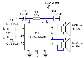 Принципиальная схема усилителя мощности на TDA1552Q.